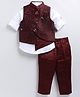 LITTLE COLLARS Jacquard Full Sleeves Solid Shirt With Foil Leaves Printed Coordinating Waistcoat & Trouser Set - Maroon