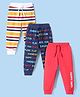 Babyhug Single Jersey Knit Full Length Lounge Pants With Stripes & Text Print Pack of 3 - Navy Blue Pink & White