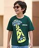 Pine Kids Cotton Knit Half Drop Shoulder Sleeves T-Shirt with Dino Print - Dark Green
