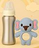 The Cheeky Kidzz Baby Elephant Shape Silicone Teether Teething With Stainless Steel 240ml Feeding Bottle Set BPA Free (WHITE)