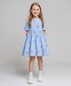 Primo Gino Cotton Knit Half Drop Shoulder Sleeves Dress With Floral Print - Light Blue