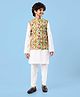 Pine Kids Cotton Woven Full Sleeves Striped Kurta Pyjama Set with Ikkat Print Jacket - White