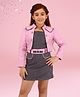Cutecumber Corduroy Striped Dress With Full Sleeves Floral Embroidered Jacket & Belt - Pink
