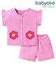Babyoye Female 100% Organic Muslin Frill Sleeves Top & Short Set With Floral Patch - Pink