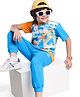 Ollington St. Cotton Knit Half Sleeves T-Shirt with Abstrack Print & Solid Color Joggers Set - Blue & Mustard