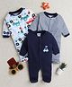 BUMZEE Cotton Pack Of 3 Full Sleeves Striped & Cars Printed Footed Sleepsuits - Navy Blue & White