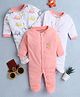 BUMZEE Cotton Knit Pack Of 3 Full Sleeves Striped & Elephant Printed Footed Sleepsuits - Peach & White