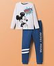 Pine Kids Disney Single Jersey Knit Full Sleeves Nightsuit With Mickey Mouse Graphic - White & Navy Blue