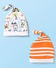 Babyhug 100% Cotton Knit Striped & Animal Printed Caps With Knot Design Pack of 2 - Orange & White