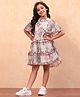 BIBA Dobby Net Half Sleeves Floral Printed & Sequins Embellished Tiered Dress - Beige