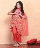 BIBA Rayon Three Fourth Sleeves Floral Printed & Lace Embellished Asymmetrical Suit With Dupatta Set - Orange