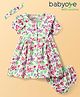 Babyoye 100% Organic Muslin Woven Half Puffed Sleeves Floral Printed Elasticated Pull On Frock with Bloomer & Headband - Limegreen
