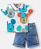 Babyhug Disney Cotton Knit Half Sleeves T-Shirt & Denim Shorts Set with Mickey Mouse Print - White Blue