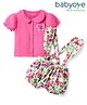 Babyoye Eco Conscious 100% Organic Muslin Woven Half Puffed Sleeves Top & Elasticated Pull On Dungaree with Butterfly Print - Dark Pink