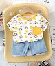 Googo Gaaga 100% Cotton Half Sleeves Sun & Rainbow Printed Tee With Denim Shorts Set - White