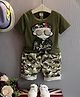 Googo Gaaga Cotton Half Sleeves Army Officer Patch Detailed Tee & Camouflage Printed Shorts Set - Green