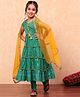 BIBA Cotton Half Sleeves Floral Foil Printed Tiered Kurta With Churidar & Dupatta Set - Medium Green