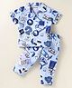 Little Darlings Sinker Knit Half Sleeves Front Open Printed Night Suit - Sky Blue