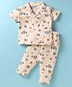 Little Darlings Sinker Knit Half Sleeves Front Open Vintage Car Printed Night Suit - Cream