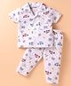 Little Darlings Sinker Knit Half Sleeves Front Open Vintage Car Printed Night Suit -White