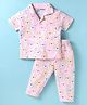 Little Darlings Sinker Knit Half Sleeves Front Open Bear Printed Night Suit - Pink