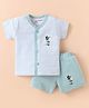 Little Darlings Interlock Knit Half Sleeves Shorts Night Suit with Bunny Print & Stripes - Turquoise