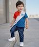 Babyhug Single Jersey Knit Half Sleeves Cut & Sew Polo T-Shirt & Jeans Set with Number Embroidery - Blue