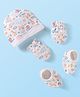 Babyhug Interlock Knit Cap Mittens And Booties Set with Jungle Theme Print - White
