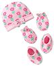 Babyhug 100% Cotton Knit Cap Mittens & Booties Set with Bow Applique & Floral Print Pink - Diameter 11 cm