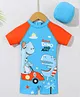 Babyhug Half Sleeves Legged Swimsuit with Cap Dino Print - Blue