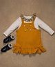 One Friday Cotton Bow Applique Detailed Dungaree With Full Sleeves Frill Designed Onesie Set - Mustard