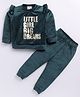 M'andy Velvet Full Sleeves Frill Detailed Little Girl Big Dreams Foil Text Printed Coordinating Track Suit Set - Green