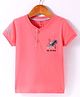 CUCUMBER Cotton Knit Half Sleeves Henley Neck T-Shirt With Beach Theme Embroidery - Pink