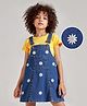 Ollington St. Sinker Knit Half Sleeves T-Shirt with Text Print & Stretchable Denim Pinafore with Floral Embroidery - Yellow & Navy Blue