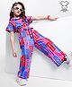 Ollington St. Cotton Knit Half Sleeves Text Printed Shirt Top & Culottes Co-Ord Set - Red Pink & Blue
