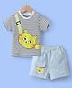 Mark & Mia Cotton Half Sleeves Striped T-Shirt & Shorts Set with Tiger Sling Bag Print - Light Blue & White