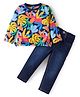 Babyhug Single Jersey Knit Full Sleeves Top & Denim Jeans Set With Tropical Theme Print - Navy Blue