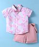 ToffyHouse Poplin Woven Half Sleeves Floral Printed Shirt & Shorts With Bow & Suspender - Pink