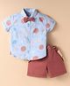 ToffyHouse Cotton Woven Half Sleeves Space Theme Printed Shirt & Shorts Set with Bow & Suspender - Light Blue & Brown