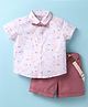 ToffyHouse Poplin Woven Half Sleeves Printed Shirt & Shorts With Bow & Suspender - Plum