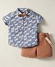 ToffyHouse Poplin Woven Half Sleeves Digital Printed Shirt & Shorts Set with Bow & Suspender - Maroon