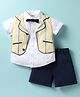 ToffyHouse Cotton Woven Half Sleeves 3 Piece Printed Party Suit With Bow - White & Navy Blue