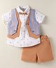 ToffyHouse Cotton Woven Half Sleeves Checks 3 Piece Party Suit With Bow & Stripes - Tan