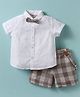 ToffyHouse Poplin Woven Half Sleeves Shirt & Shorts With Bow & Suspender & Checks - White & Grey