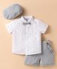 ToffyHouse Poplin Woven Half Sleeves Alphabet Printed Shirt & Shorts Set with Bow Hat & Suspender with Alphabet Print - Light Blue & White
