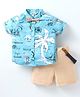 ToffyHouse Poplin Woven Half Sleeves Beach Theme Print Shirt & Shorts Set with Bow & Suspender - Tan Blue