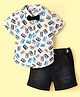 ToffyHouse Poplin Woven Half Sleeves Shirt & Shorts Set with Suspenders & Bow with Cassette Tape Print - White & Navy Blue