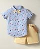 ToffyHouse Poplin Woven Half Sleeves Vehicle Printed Shirt & Shorts Set with Bow & Suspender - Light Blue & Beige