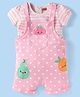 Babyhug Single Jersey Knit Half Sleeves Striped Top with Polka Dots & Fruit Printed Dungaree - Pink