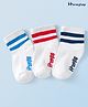 Honeyhap Premium Cotton Knit Ankle Length Bamboo Spandex Bio Finish Socks with Stripes & Brand Name Design Pack of 3 - Bright White Navy & Red